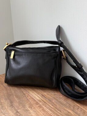 Vintage DKNY Black Leather Shoulder Bag Chunky Gold Hardware Y2K Flap